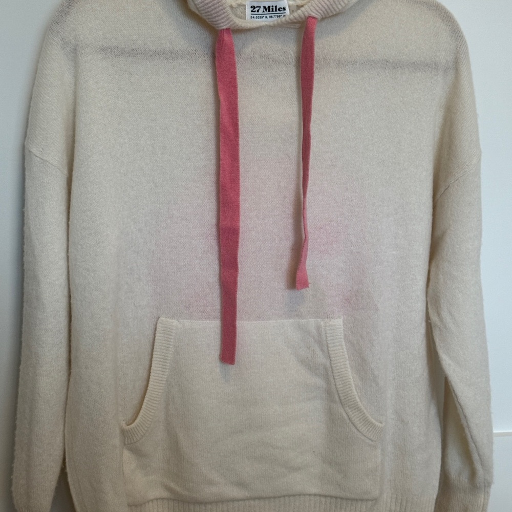 27 Miles 100% Cashmere Cream Hoodie with Pink Accents